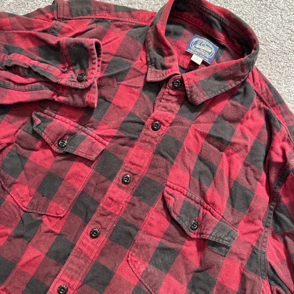 J Crew Flannel Shirt Mens Large Red Black Buffalo Plaid Cotton Outdoor Cabin